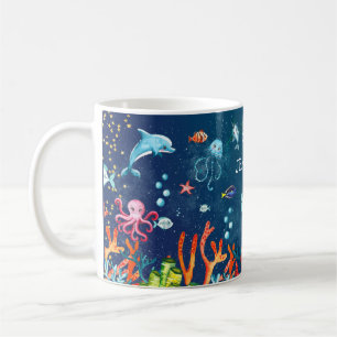 Cute Watercolor Under the Sea Ocean Custom Blue Coffee Mug