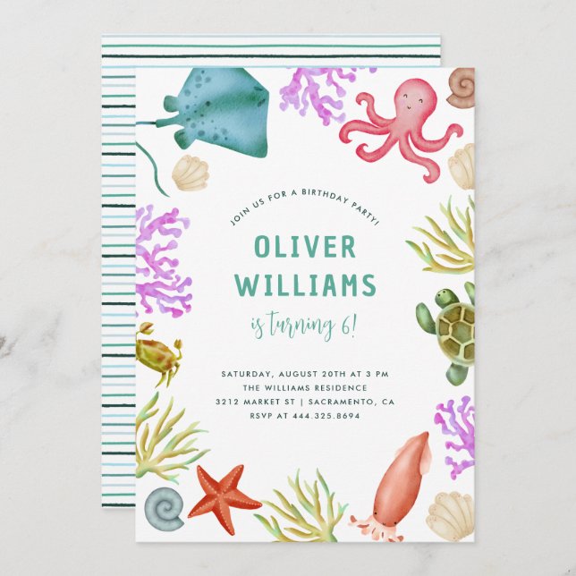 Cute Watercolor Under The Sea Ocean Kids Birthday Invitation (Front/Back)