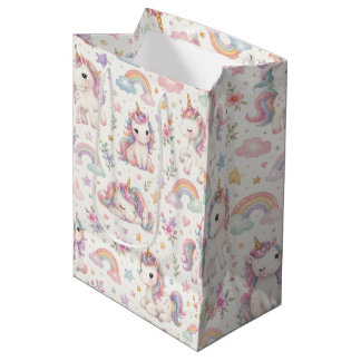 Cute Watercolor Unicorn and Rainbow Medium Gift Bag