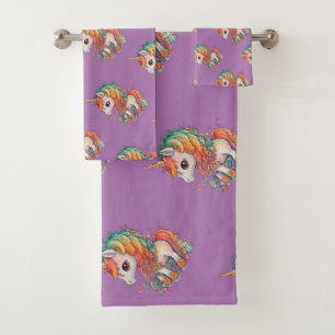 Cute watercolor unicorn ,lavender bath towel set