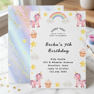 Cute Watercolor Unicorn Rainbow Lucky You Invitation