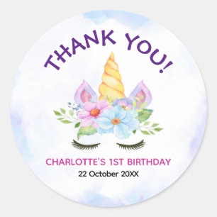 Cute Watercolor Unicorn-Themed Thank You Classic Round Sticker