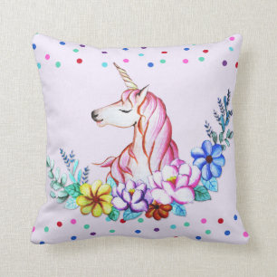 Cute Watercolor Unicorn with Florals Cushion