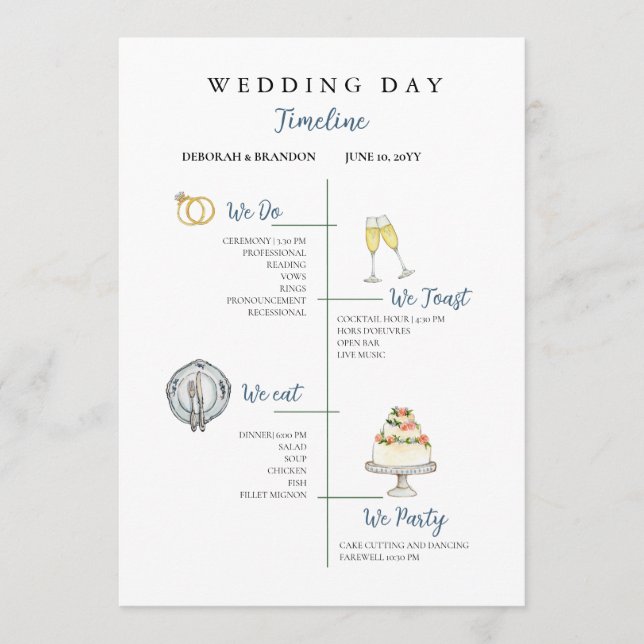 Cute Watercolor Wedding day Timeline Flat Program Programme (Front)