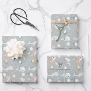 Cute Watercolor Whale Dolphin and Pastel Balloon Wrapping Paper Sheet