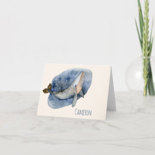 Cute Watercolor Whale Nautical Blue Personalized Note Card