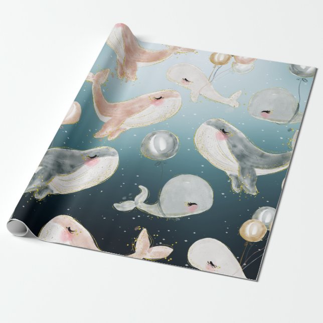 Cute Watercolor Whales In The Blue Sea Wrapping Paper (Unrolled)