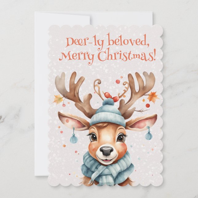 Cute Watercolor Whimsical Merry Christmas Reindeer Holiday Card (Front)