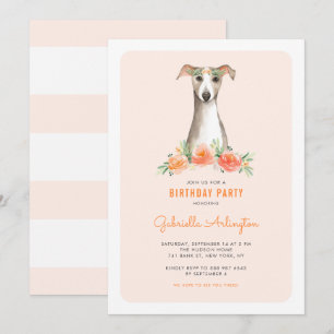 Cute Watercolor Whippet Peach Floral Kids Birthday Invitation