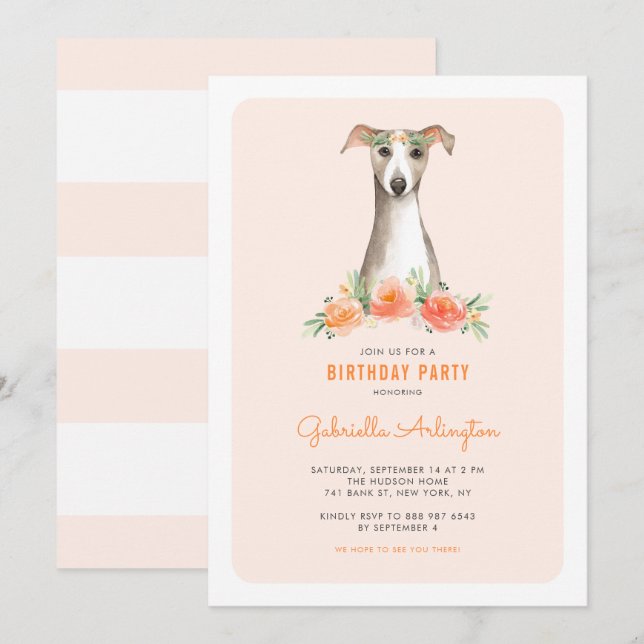 Cute Watercolor Whippet Peach Floral Kids Birthday Invitation (Front/Back)