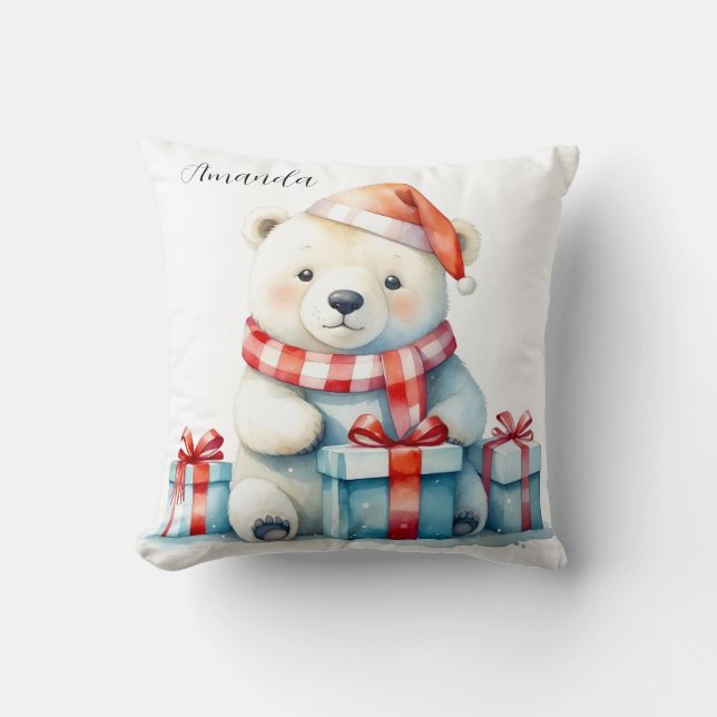 Cute Watercolor White Christmas Polar Bear Cushion (Front)
