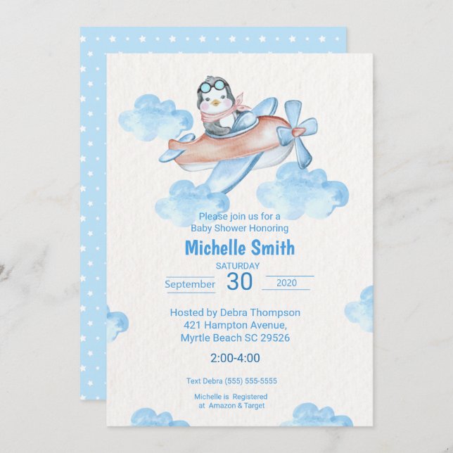 Cute Watercolor White Penguin Pilot Invitation (Front/Back)