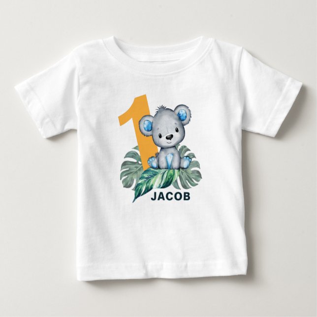 Cute Watercolor Wild Bear First Birthday Baby T-Shirt (Front)