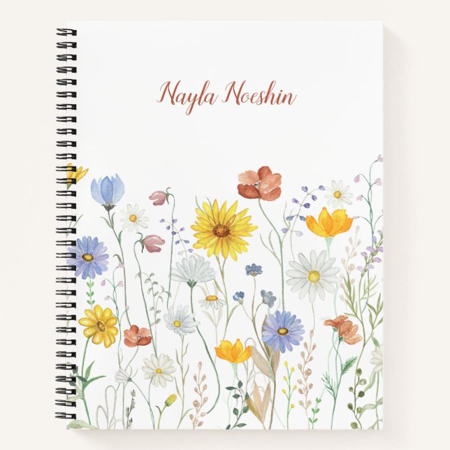 Cute Watercolor Wild floral Personalised Monogram Notebook (Front)