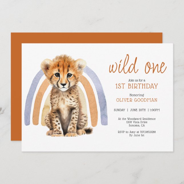 Cute Watercolor Wild One Boy 1st Birthday Cheetah  Invitation (Front/Back)