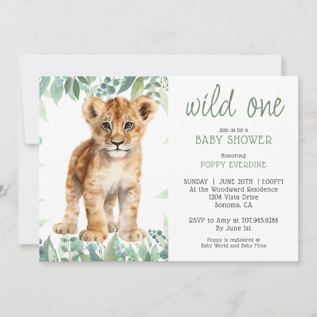 Cute Watercolor Wild One Lion Cub Baby Shower  Invitation (Front)