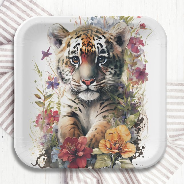 Cute Watercolor Wild Tiger Cub Kids Birthday Paper Plate (Creator Uploaded)