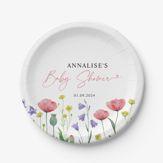 Cute Watercolor Wildflower Baby Shower  Paper Plate (Front)