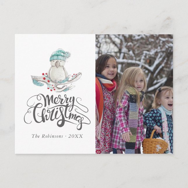 Cute watercolor Winter Bird Christmas photo Holiday Postcard (Front)