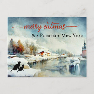 Cute Watercolor Winter Cat Christmas New Year Postcard
