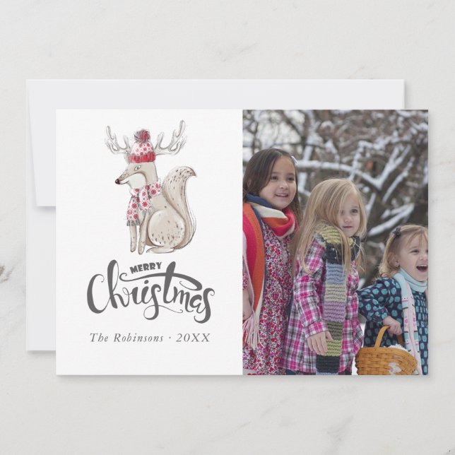 Cute watercolor Winter Fox Christmas photo Holiday Card (Front)