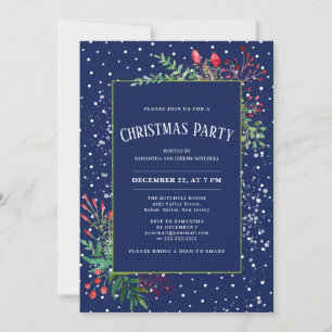 Cute Watercolor Winter Greenery Blue Christmas Invitation