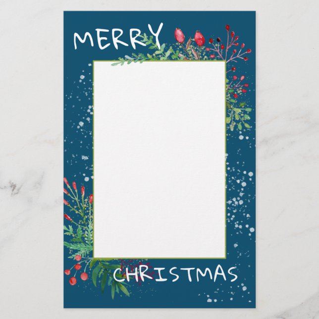 Cute Watercolor Winter Greenery Blue Christmas Stationery (Front)