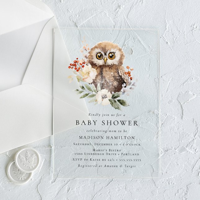 Cute Watercolor Winter Owl Baby Shower Acrylic Invitations (Creator Uploaded)