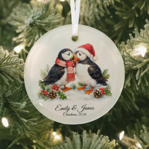 Cute Watercolor Winter Puffins Christmas Ornament