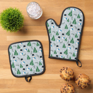 Cute Watercolor Winter Snow Pattern Oven Mitt & Pot Holder Set