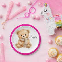 Cute Watercolor Winter Teddy Bear Pink Girl Birthd