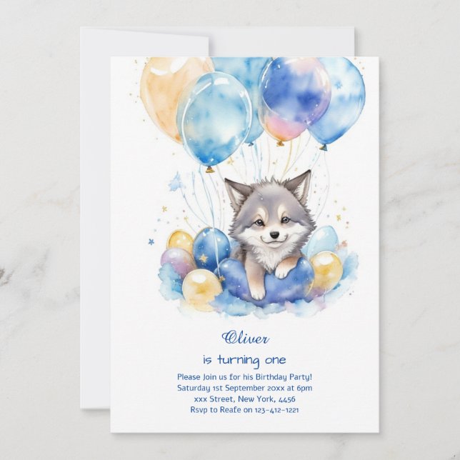 Cute Watercolor Wolf First Birthday Invitation (Front)