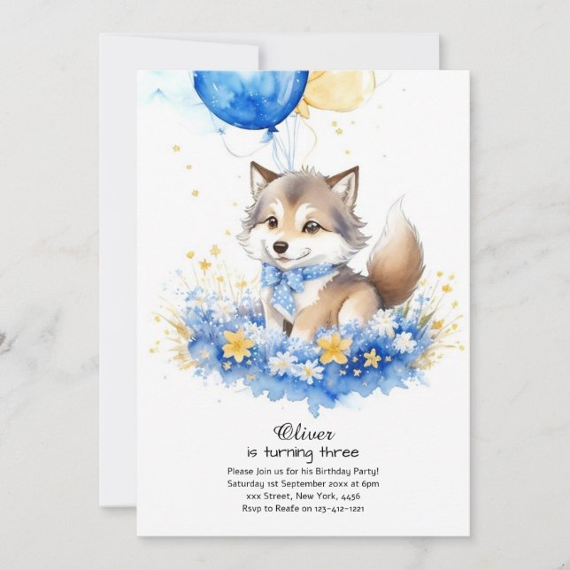 Cute Watercolor Wolf Pup Birthday Invitation (Front)