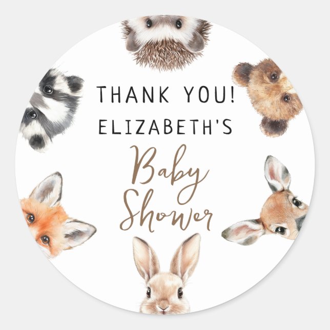 Cute Watercolor Woodland Animals Baby Shower Classic Round Sticker (Front)