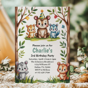 Cute Watercolor Woodland Animals Birthday Invitation
