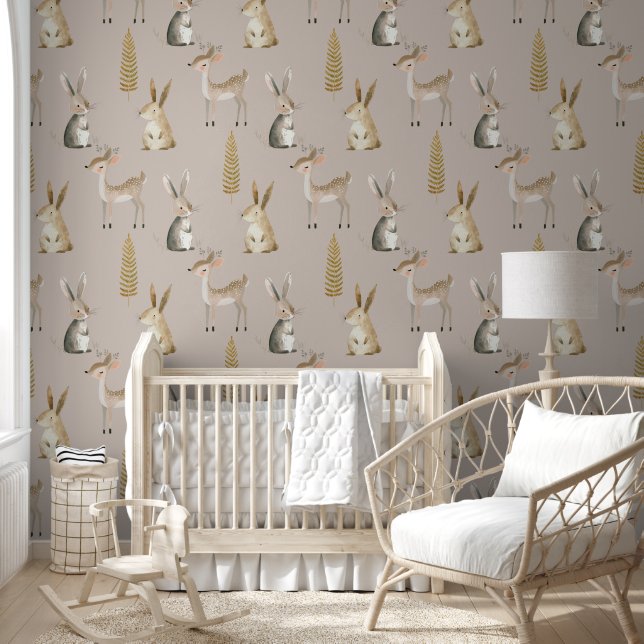 Cute Watercolor Woodland Animals Boho Nursery Wallpaper (Kids)