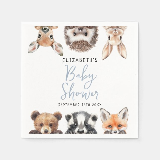 Cute Watercolor Woodland Animals Boy Baby Shower Napkin (Front)