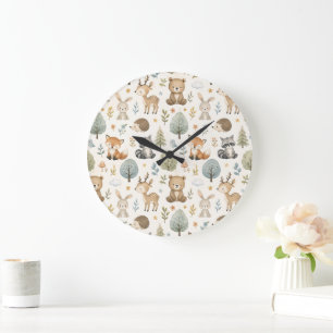Cute Watercolor Woodland Animals - Nursery  Large Clock