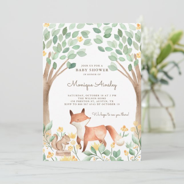 Cute Watercolor Woodland Fox Baby Shower Invitation (Standing Front)