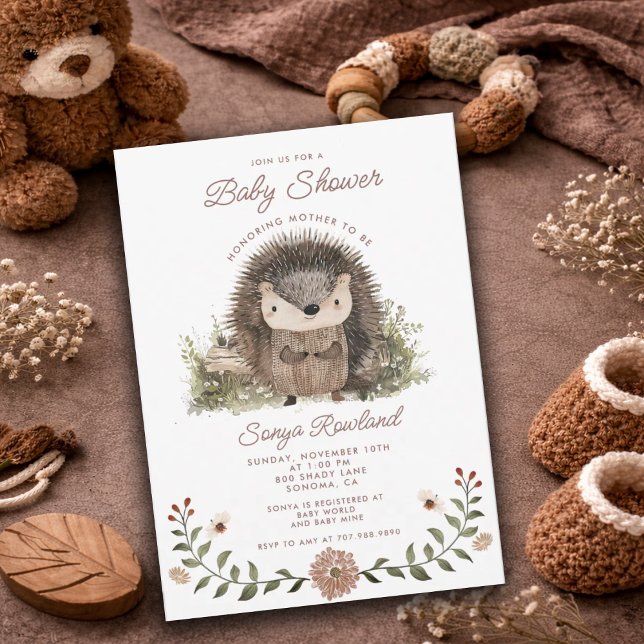 Cute Watercolor Woodland Hedgehog Baby Shower  Invitation (Creator Uploaded)