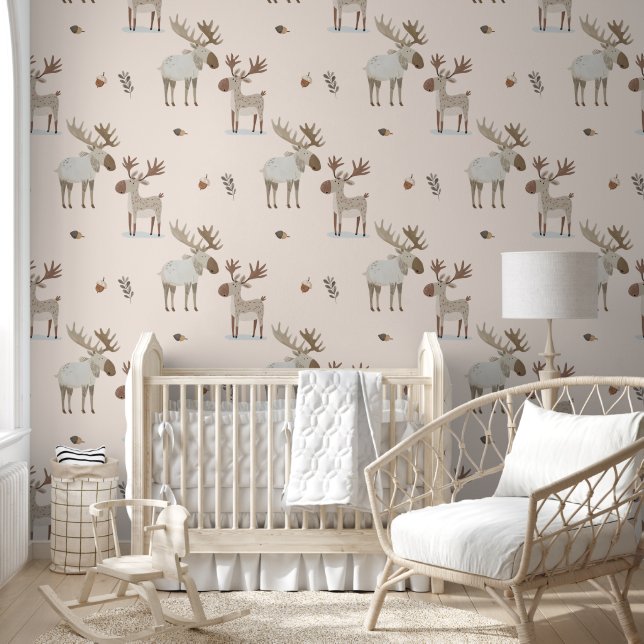 Cute Watercolor Woodland Moose Boho Nursery Wallpaper (Kids)