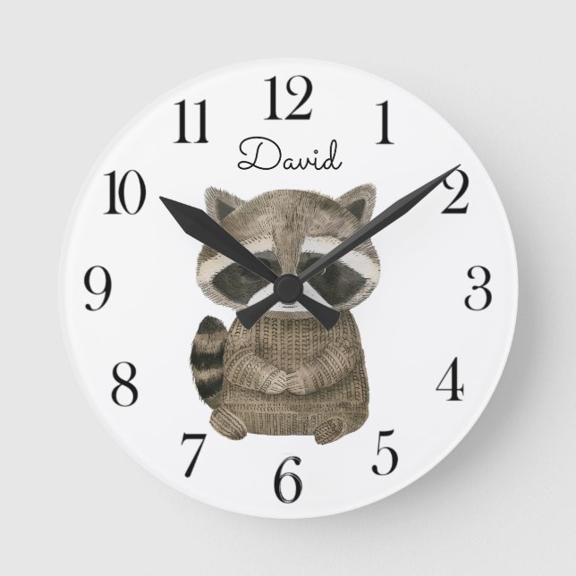 Cute Watercolor Woodland Racoon  Round Clock (Front)
