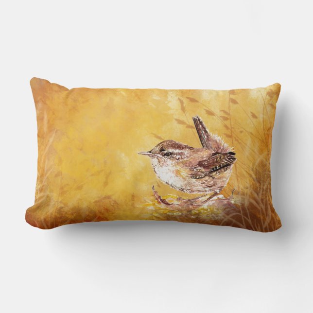 Cute Watercolor Wren Bird Lumbar Cushion (Front)