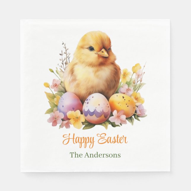 Cute Watercolor Yellow Chicken with Eggs Napkin (Front)