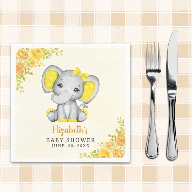 Cute Watercolor Yellow Elephant Baby shower Girl Napkin (Creator Uploaded)