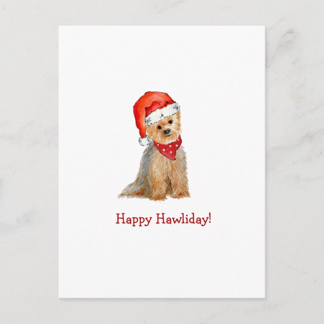 Cute Watercolor Yorkie in Santa hat Holiday Postcard (Front)