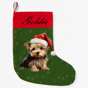 Cute Watercolor Yorkie with Santa Red Hat Custom Small Christmas Stocking
