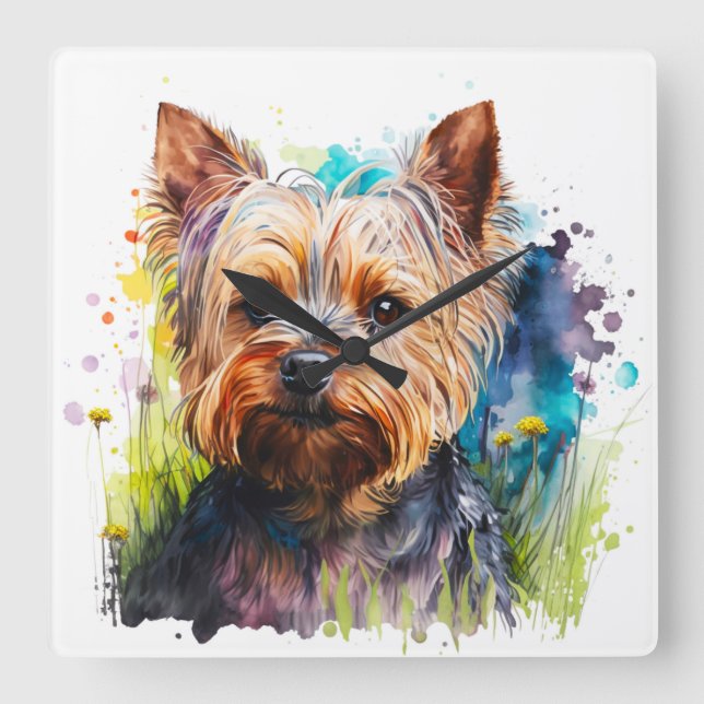 CUTE WATERCOLOR YORKSHIRE TERRIER DOG SQUARE WALL CLOCK (Front)