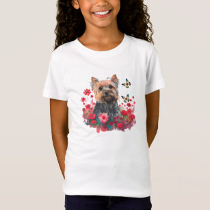 Cute Watercolor Yorkshire Terrier Puppy & Flowers T-Shirt