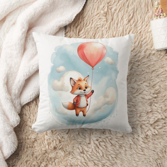 Cute Watercolor Young Fox Big Red Balloon Nursery  Cushion (Blanket)